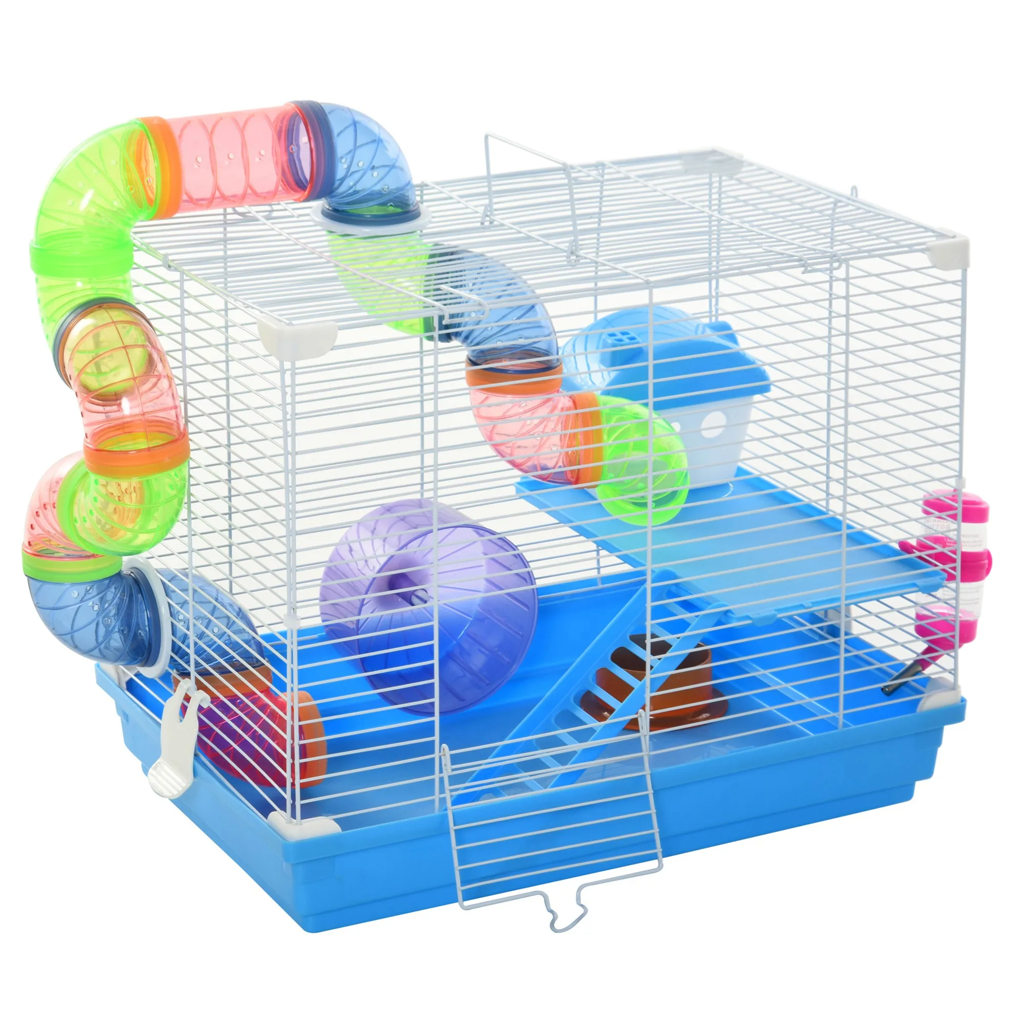 Pawhut Hamsterkooi 46X30X37Cm met Buizen Feeder Ramp Oefenwiel