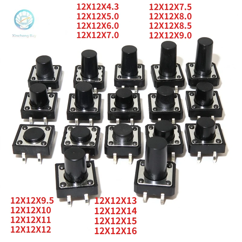 100Pcs 12*12*11/12/13/14/15/16/17/18/19/20/21mm Through Hole Micro Push Button Tactile Tact Momentary Switch 12x12 MM DIP-4 4PIN