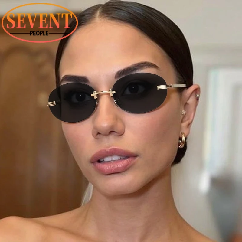 

Y2K Rimless Oval Small Frame Sunglasses Women 2025 Luxury Brand Vintage Frameless Outdoor Sun Glasses Trendy Metal Shades UV400