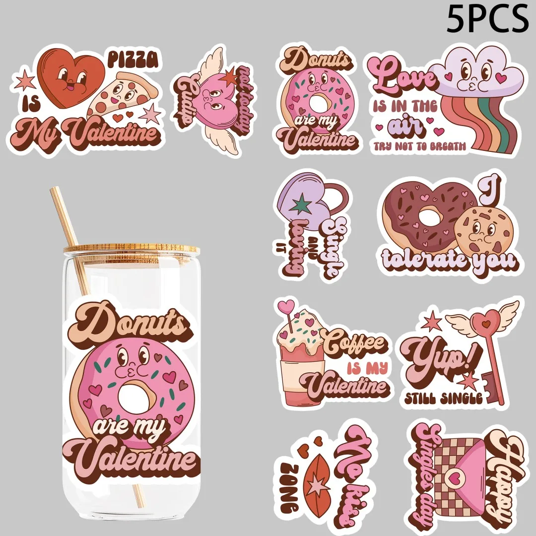 5pcs Sweet Valentine's Day UV DTF Stickers, Waterproof Sticker Pack for Decorating Mugs, DIY Supplies，Home Decoration