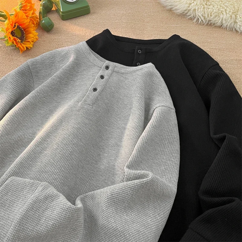 Men Waffle Knit Long Sleeve Henley Shirt Crew Neck Three Button Placket Loose Fit Daily Casual Streetwear Pullover Top