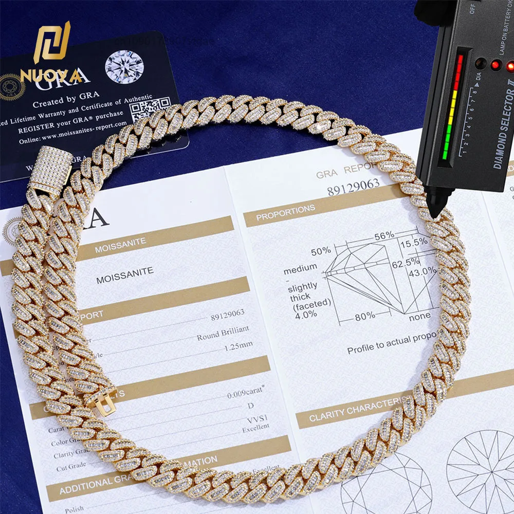 Luxury NUOYA Jewelry 12mm Baguette Cut Moissanite Cuban Link Chain Necklace 925 Sterling Silver Hip Hop Jewelry for Women.