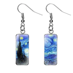Van Gogh Earrings Jewelry Rectangle Stainless Steel Glass The Starry Night Drop Earrings For Women Girls