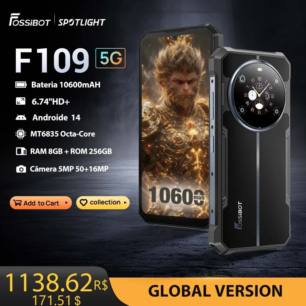 [World Premeire] FOSSiBOT F109,5G Smartphone robusto, Android 14 10600mAh, 24GB RAM (8GB + 16GB), 256GB ROM, NFC, telefone celular com identificação facial