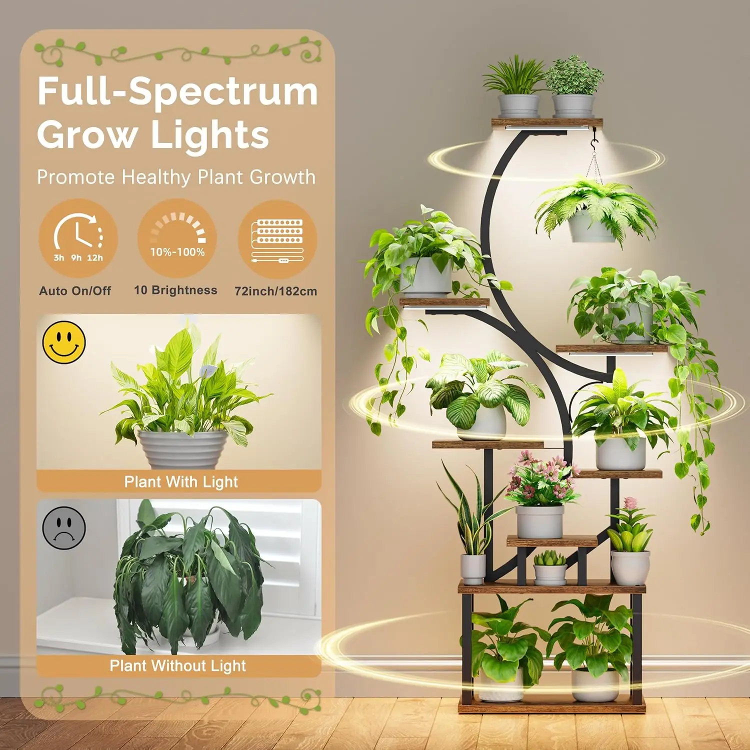 Plant Stands for Indoor Growing, 8 Tiered Large Flower Holder, S-Shaped Decorative Rack for Living Room, Patent Design, Brown image 3