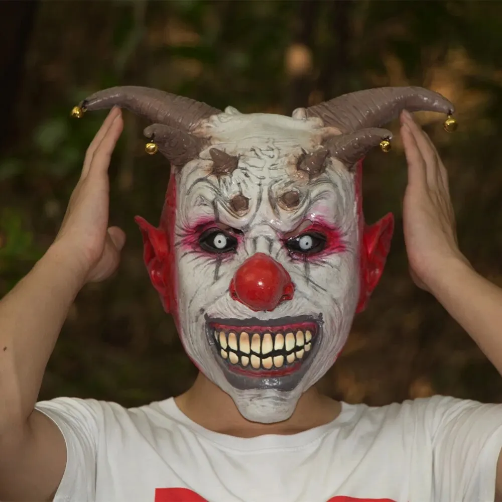 Bell Evil Clown Mask Latex Full face Masks Headgear Horror Villian Circus Carnival Halloween Party Jester Costume Scary Supplie