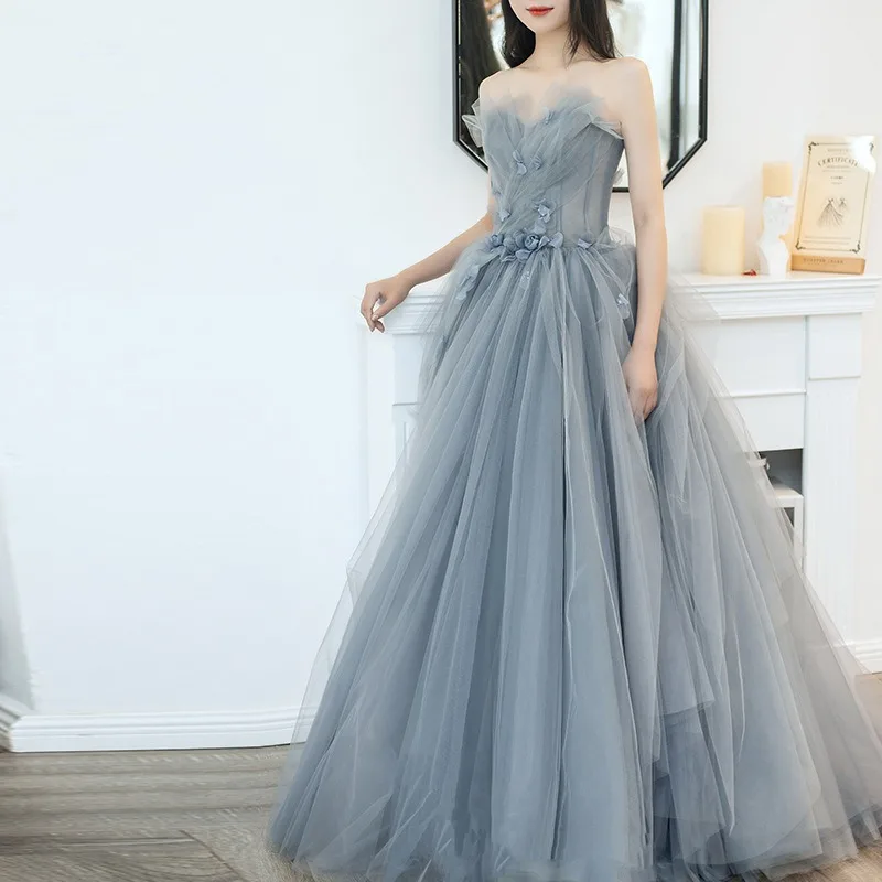 

2025 New Women's Spring Banquet Socialite Strapless Evening Dress Fashionable Mesh Slimming Art Exam Vocal Host Dress