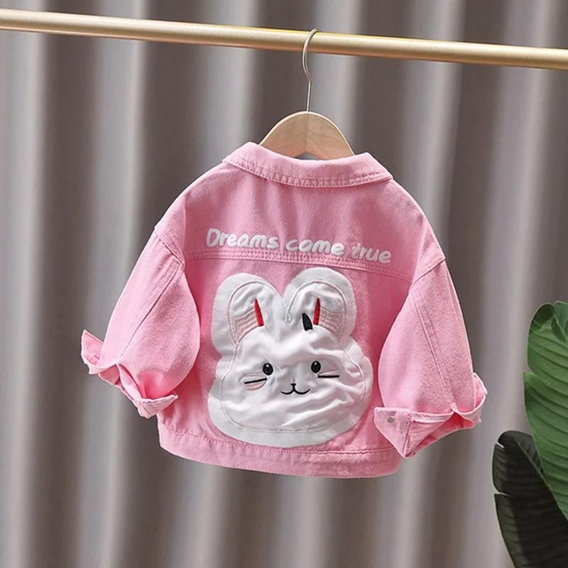 

Джинсовые куртки с милым кроликом для детей, пальто, весенне-осенняя модная джинсовая верхняя одежда с героями мультфильмов для девочек, детская повседневная куртка, костюм от 2 до 10 лет