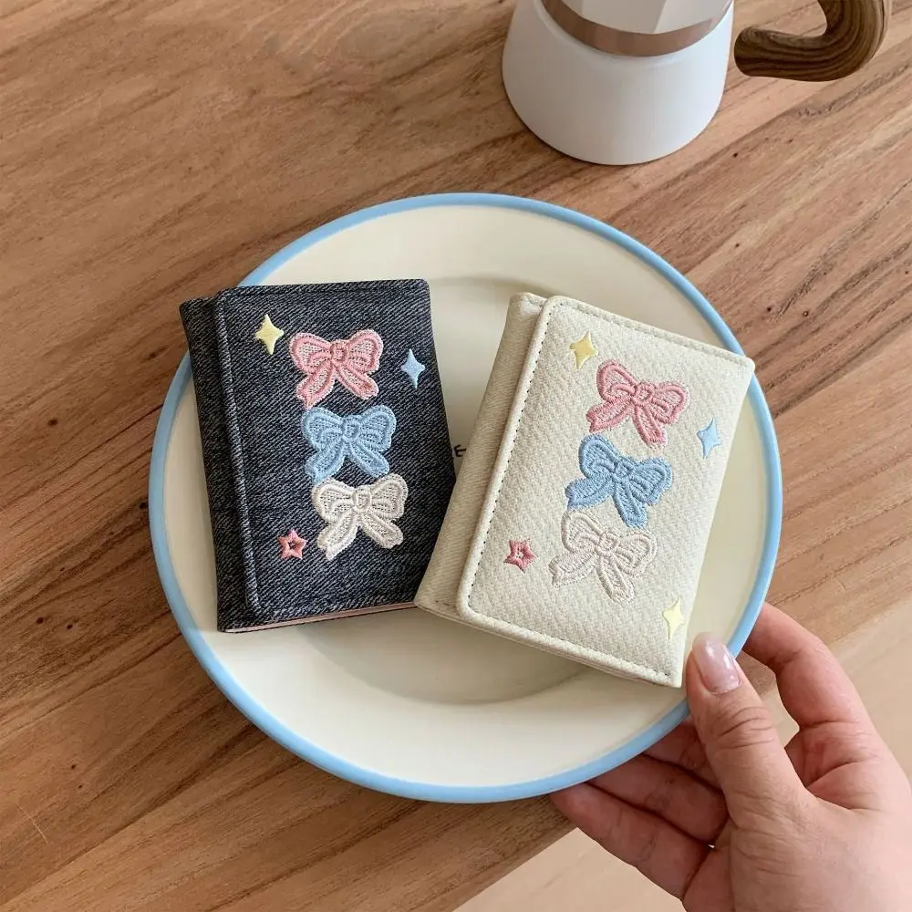 Coin Pouch Portable Embroidered Bow Wallet Embroidery PU Leather Leather Card Holder Fashion Multiple Card Denim Coin Purse Work