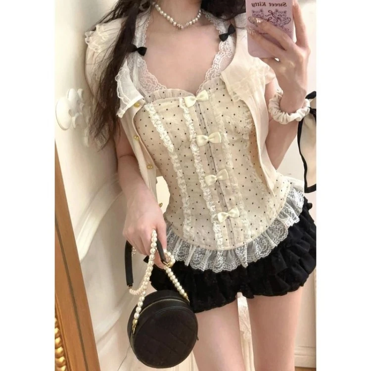 Elegant Sweet Wave Point Lace Slim Fit Vest for Women+ Y2k High Waist Ruched Cake Skirts 2024 Summer New Two Piece Sets