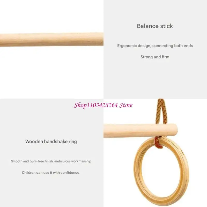  Multifunctional Children Wooden Trapeze Swing with Gymnastics Rings for Strength Training Indoor Outdoor Height Adjustable
