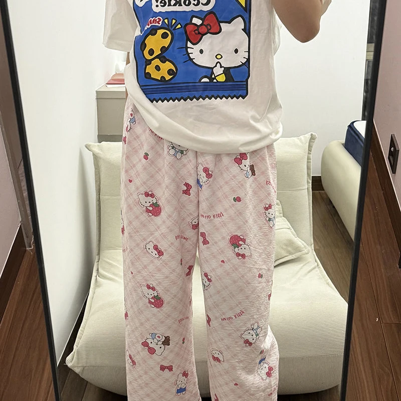 Miniso Hello Kitty Y2k Sleepwear Kawaii Women's Pure Cotton Sleepwear Cartoon Printed Dopamine Cool Summer Home Casual Sleepwear