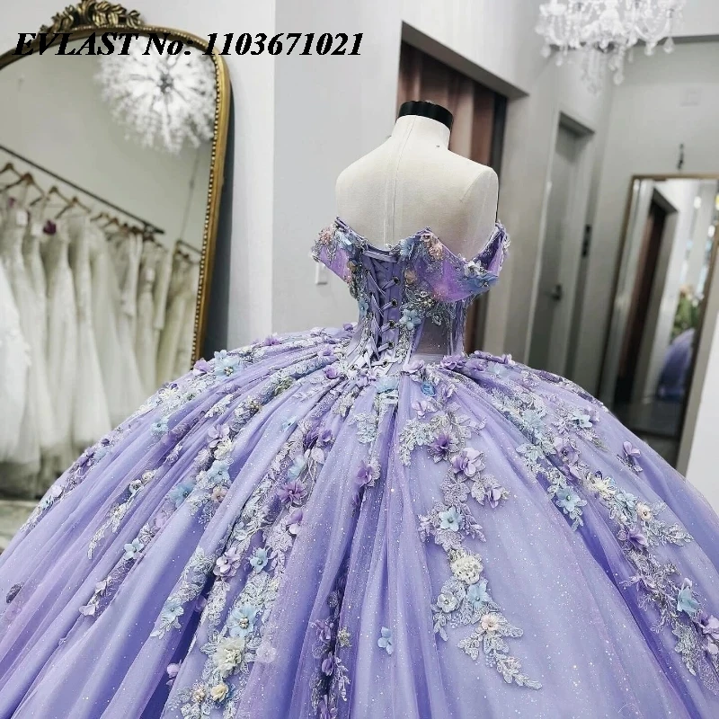 EVLAST disesuaikan Lavender mengkilap Quinceanera gaun applique renda manik-manik kristal bola gaun manis 16 Vestidos De 15 Anos SQ725