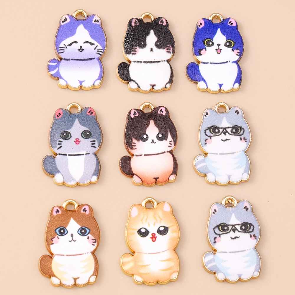 Leslie 10 Stück Cartoon-Emaille-Katzen-Charms, niedliche goldfarbene Metall-Tierkatzen-Anhänger für DIY-Halsketten, Armbänder, Schmuckherstellung – Detail 3