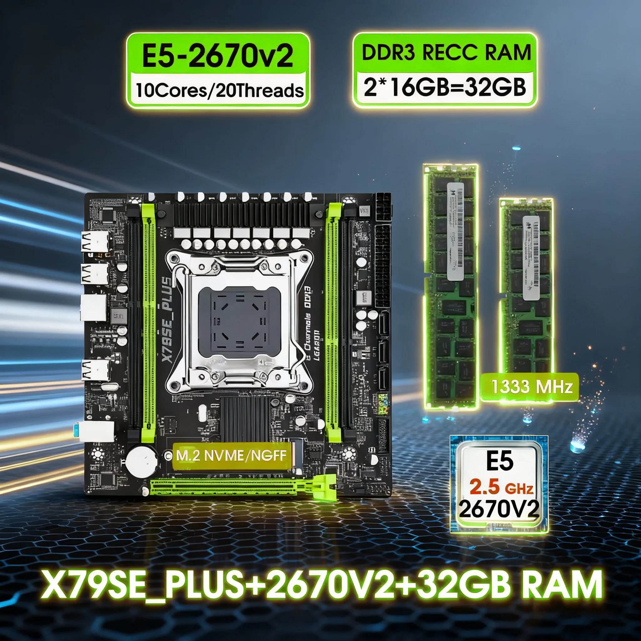 X79 Motherboard Kit with xeon E5 2670 V2 Processor And 2*16G= 32GB DDR3 REG Memory LGA2011 NVME M.2 Xeon Kit set x79