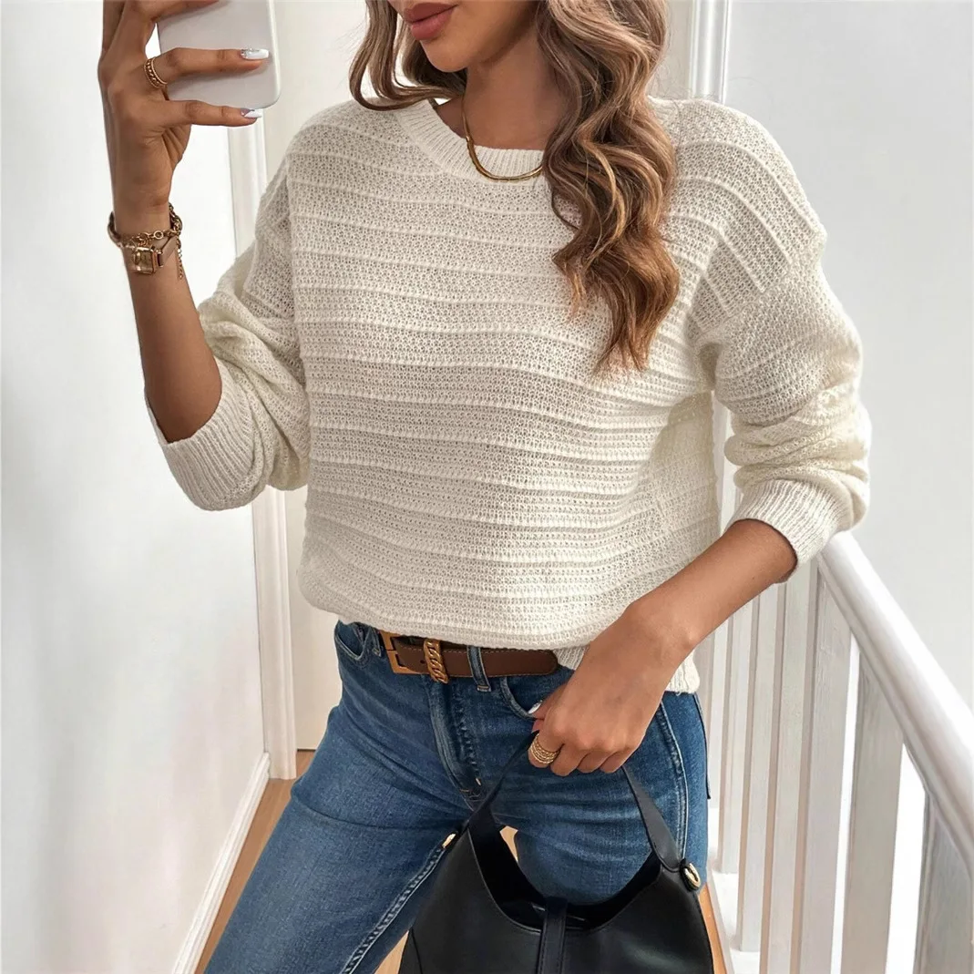 Women's  Knot Decorative Knitted Sweater Slim Fit Long Sve round Ne  Color Independent Season Batwing Sve