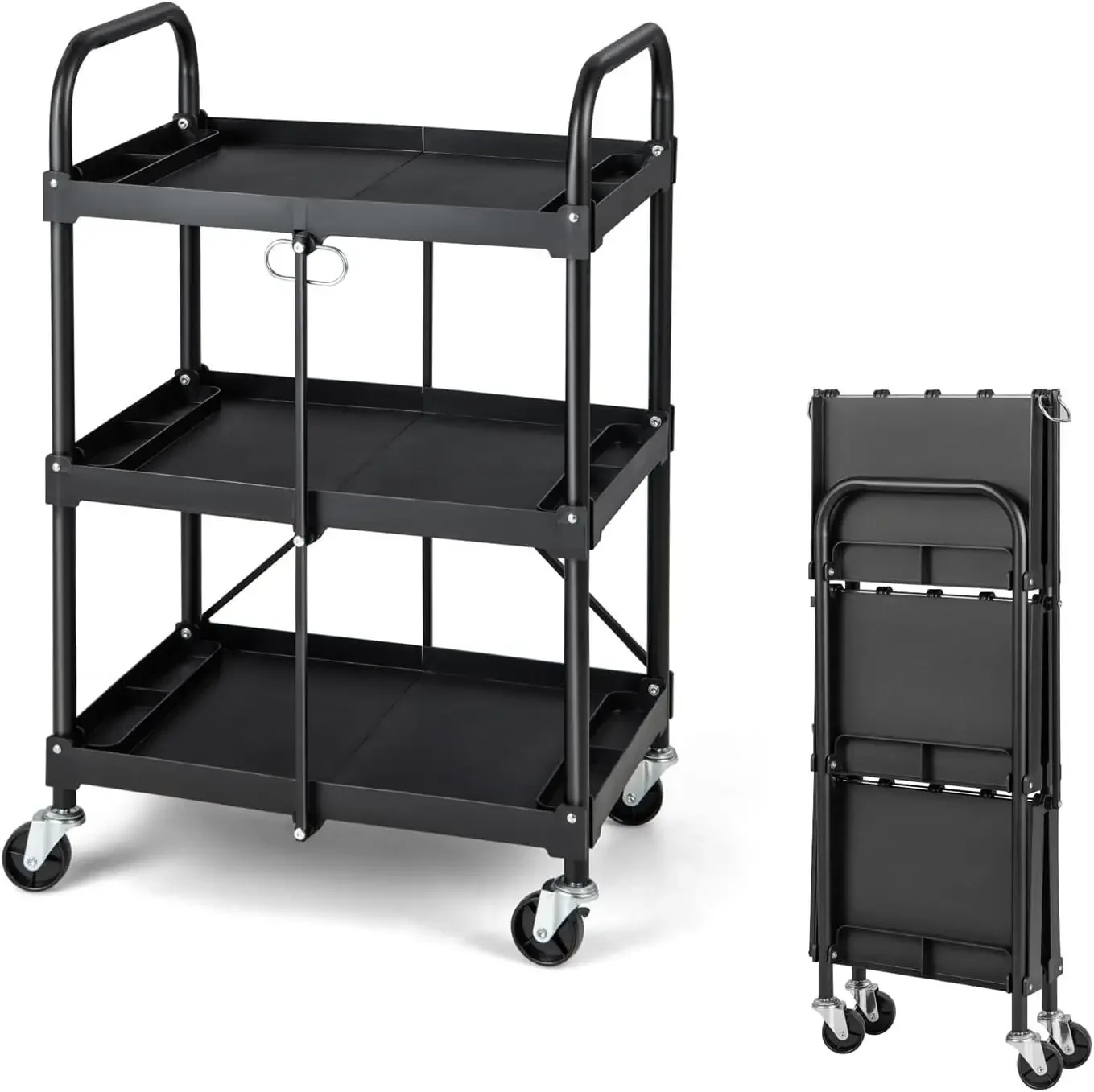 Collapsible Storage Tool Cart with Lockable Wheels & Handrails, Heavy-Duty Metal Frame Service Cart, Portable Rolling Cart for H