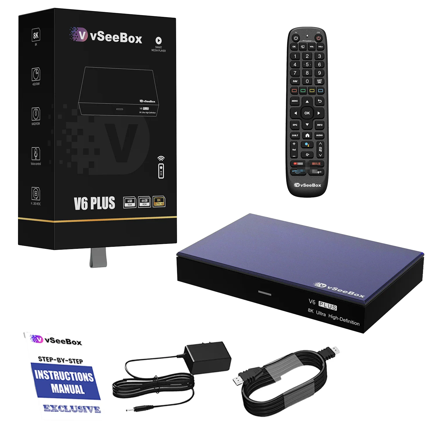 VSeeBox V6 Plus 2026, Android 14, 4GB RAM 64GB Storage, Voice Control, WiFi 6, Bluetooth 5.0, Parental Control, 8K HDMI, Backlit Bluetooth Remote Included