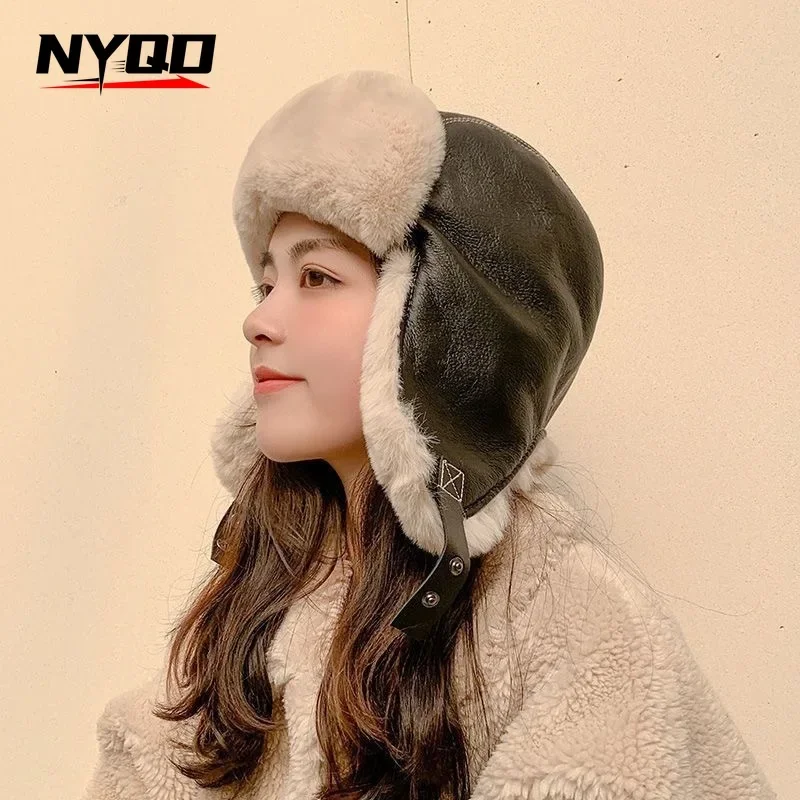 

Leather Waterproof Thermal Lei Feng Hat Men's Outdoor Motorcycle Ski Hat Fleece Pilot Hat Women's Ear Cap