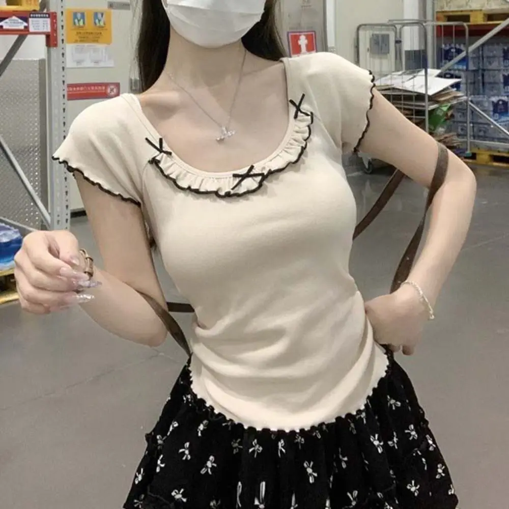 

Ruffled Edge Bow Short Sleeve T-shirt U Neck Pullover Y2K Slim Crop Top Chic Streetwear T-shirt with Chest Pads Girls