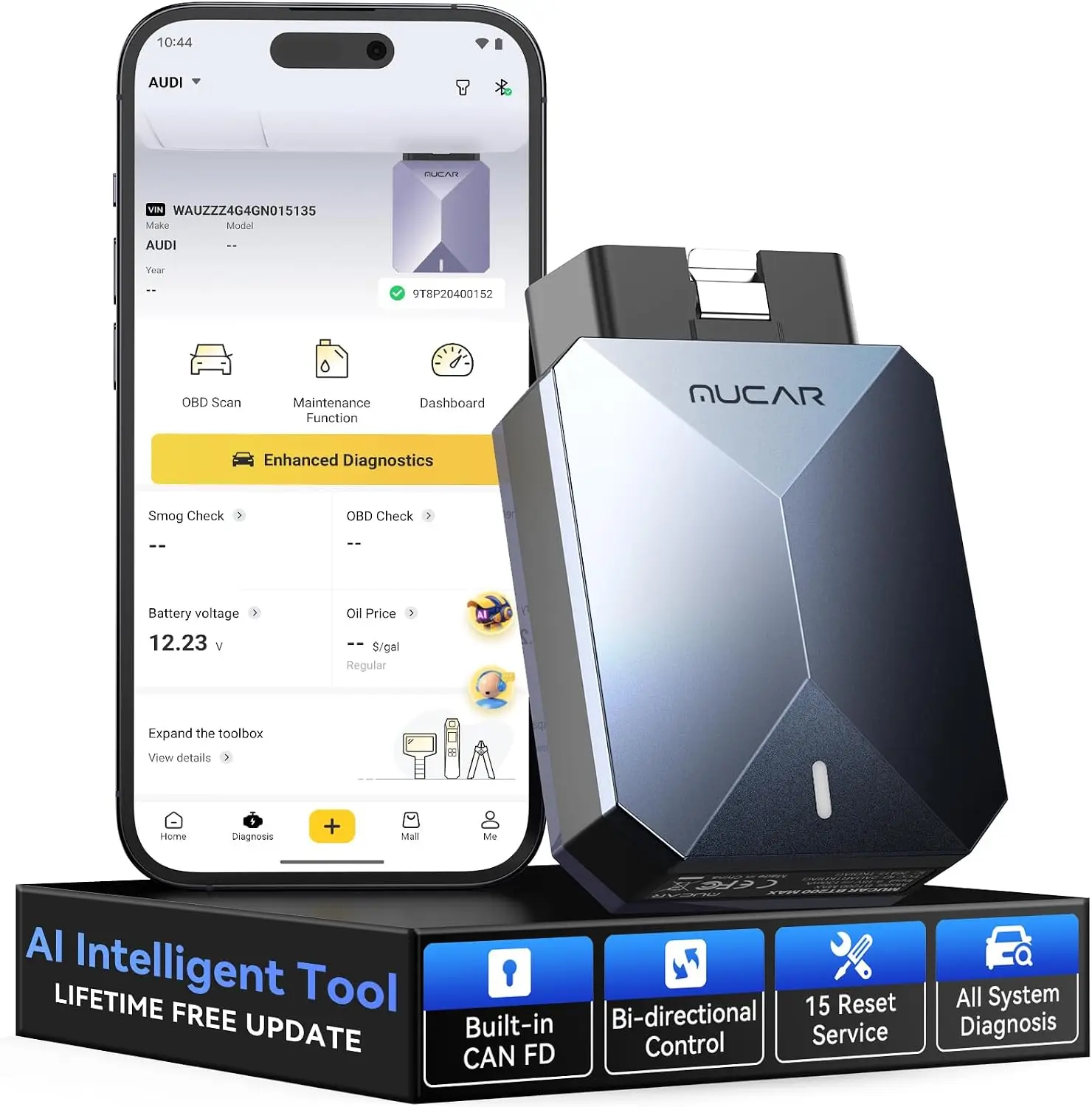 MUCAR BT200 MAX AI OBD2 Bluetooth, Full System 15 Resets Bi-Directional, CAN-FD FCA Autoauth, AutoVIN, ELM327, Lifetime