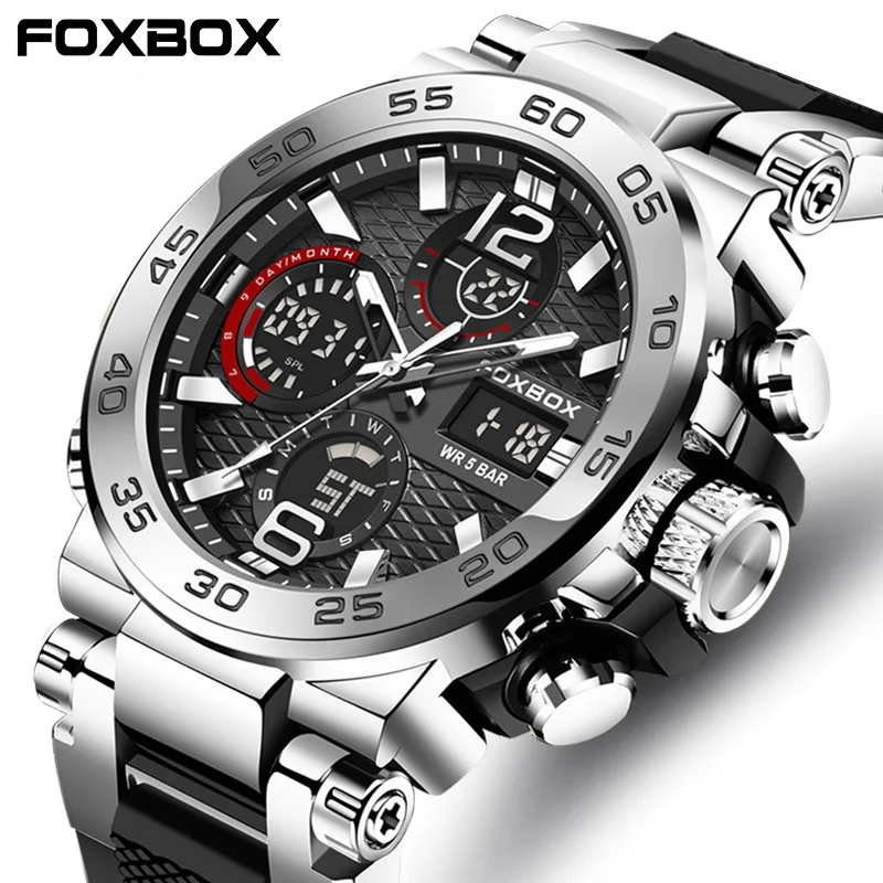 FOXBOX Sports Analog Digital Man Watch Waterproof Dual Display Quartz Wristwatches LED Luminou Chronograph Alarm Watch Men+Box