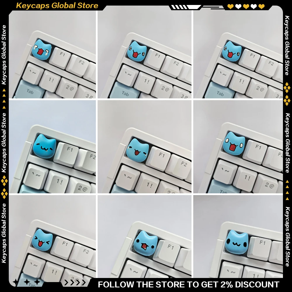 Kawaii BUG CAT CAPOO Keycaps PC Material Handmade Personalized Cute Blue Cat Artisan Keycap Mechanical Keyboard Accessories