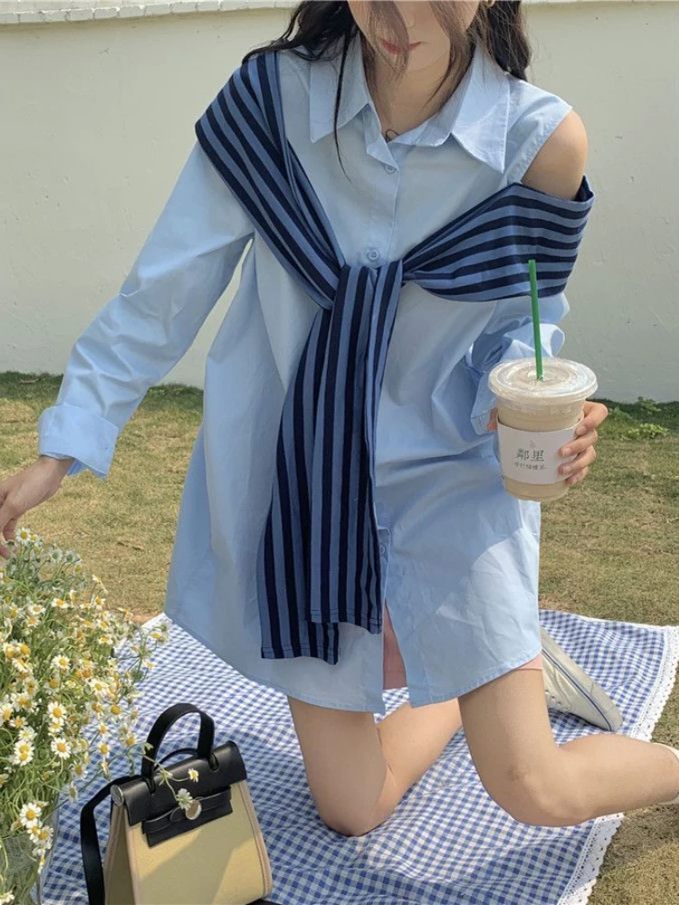 Off-the-shoulder Lapel Neck Shirt Dress Women 2024spring Summer Design Loose Vestidos Niche Korean Chic Short Dress