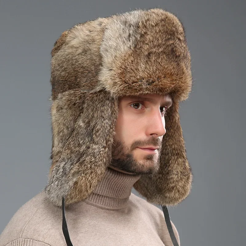 Winter Russische Man Vrouw Woman Faux Rex Konijnenbont Hoeden Luxe Faux Schapenhuid Lederen Pet Bont Bommenwerper Hoed Ushanka Hoeden