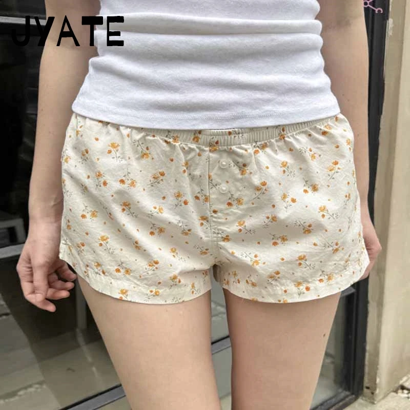 Orange Floral Print Buttons Short Pants Women Summer New High Waist Casual Streetwear Home Underwear Vintage Chic Cute Shorts