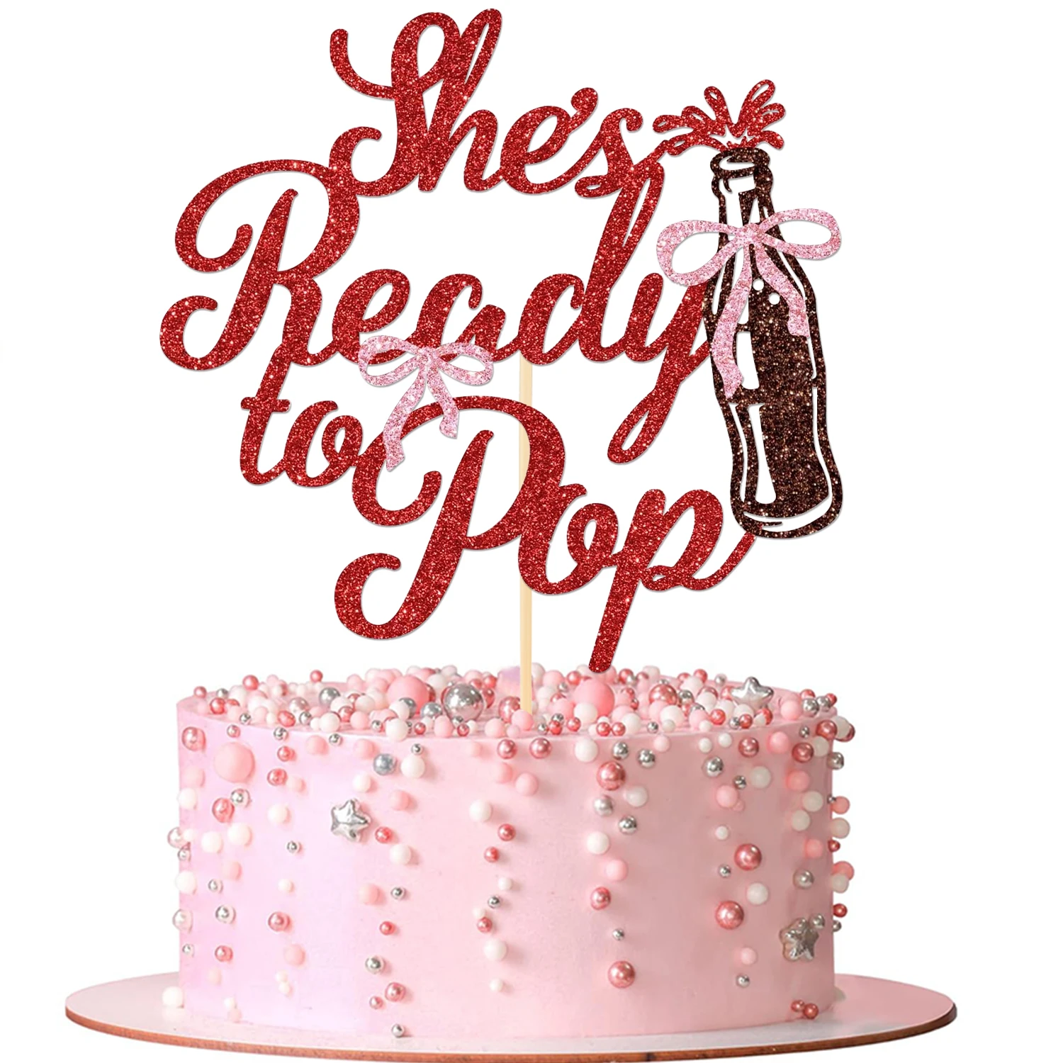 Adorno para Pastel 'She's Ready to Pop', Decoración para Pastel de Baby Shower con Temática de Refrescos Retro, Decoraciones para Fiesta de Primer Cumpleaños con Temática de Refrescos, Purpurina Roja