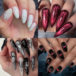 Halloween Horror Dark Press on Nails Red Black Glitter Spider Almond Fake Art Nails Blood Wound False Nails Accessories Manicure