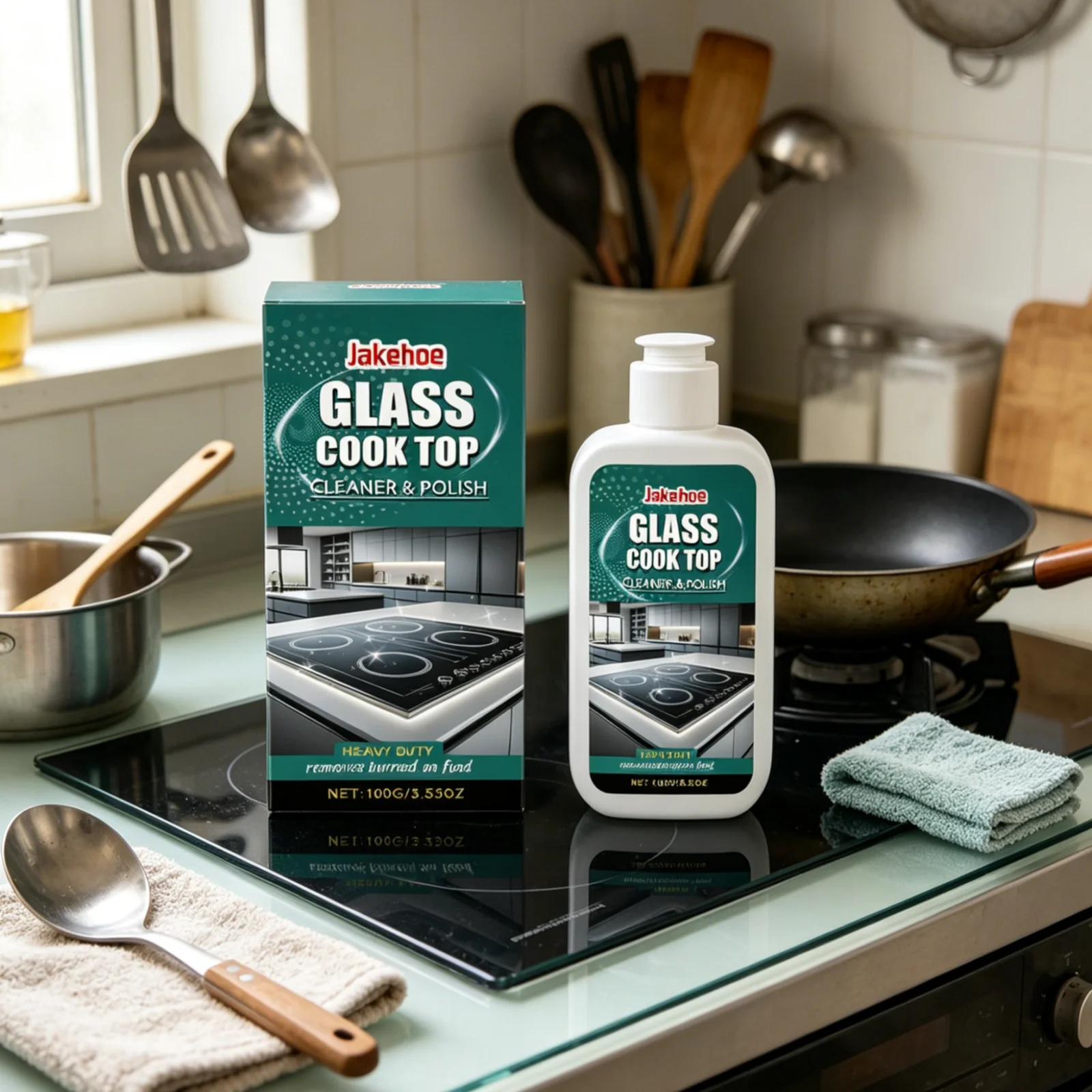 Jakehoe Glass Cook Top Cleaner Heavy Duty Cleaner Powerful Decontamination Long Lasting Brightness Gentle Kitchen Cooktop Polish