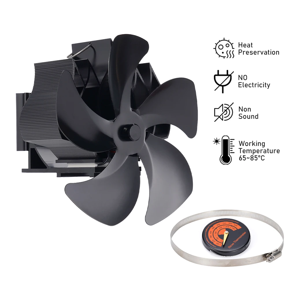 

Настенный 5-лопастной тепловой вентилятор для печи с зажимом Вентилятор для камина Дровая горелка Эко-тихий вентилятор Эффективное распределение тепла