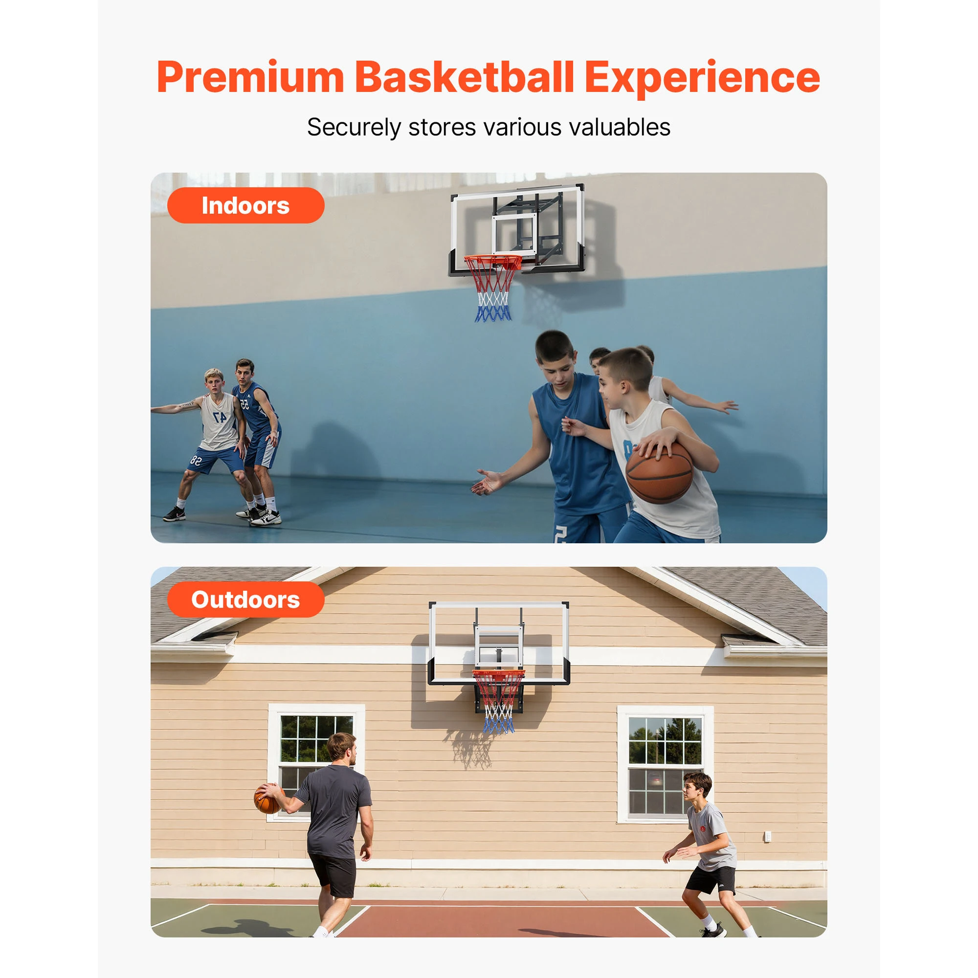 VEVOR Wall Mount Basketball Hoop 54-inch PC Backboard Mounted Basketball Hoop with Hand-Crank Adjustment Indoor & Outdoor Use