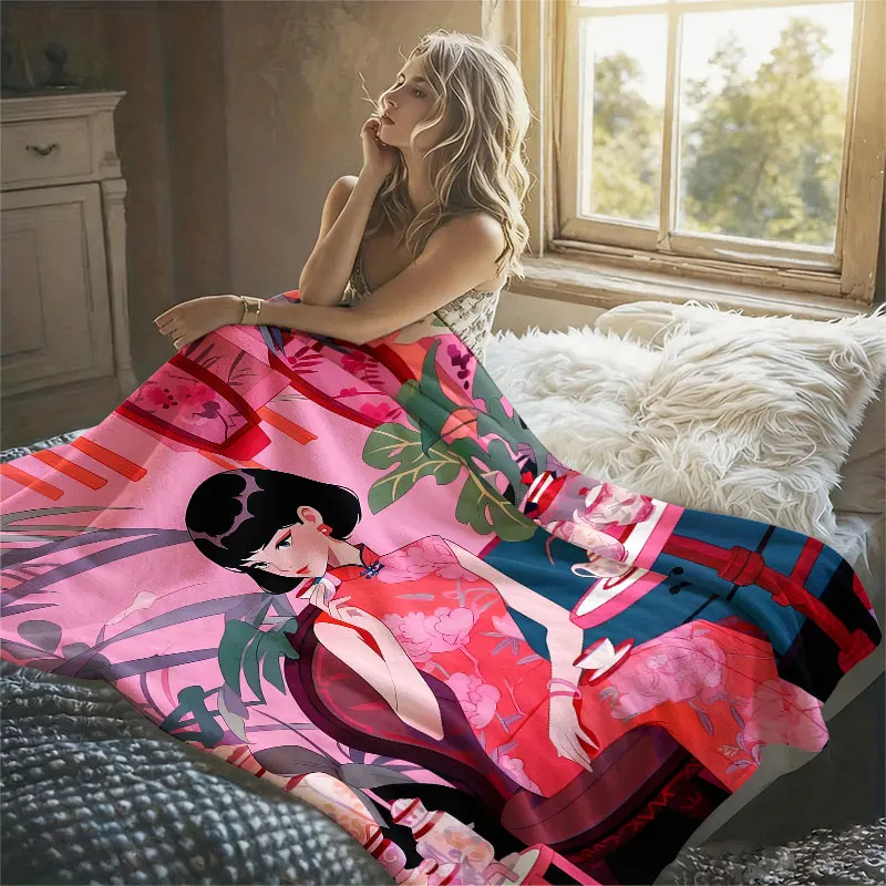 Qipao Girl Tea Lanterns Pink Flannel Blanket Perfect for Sofa Office Bed Travel Sleep Read Relax Camping Four Season Use
