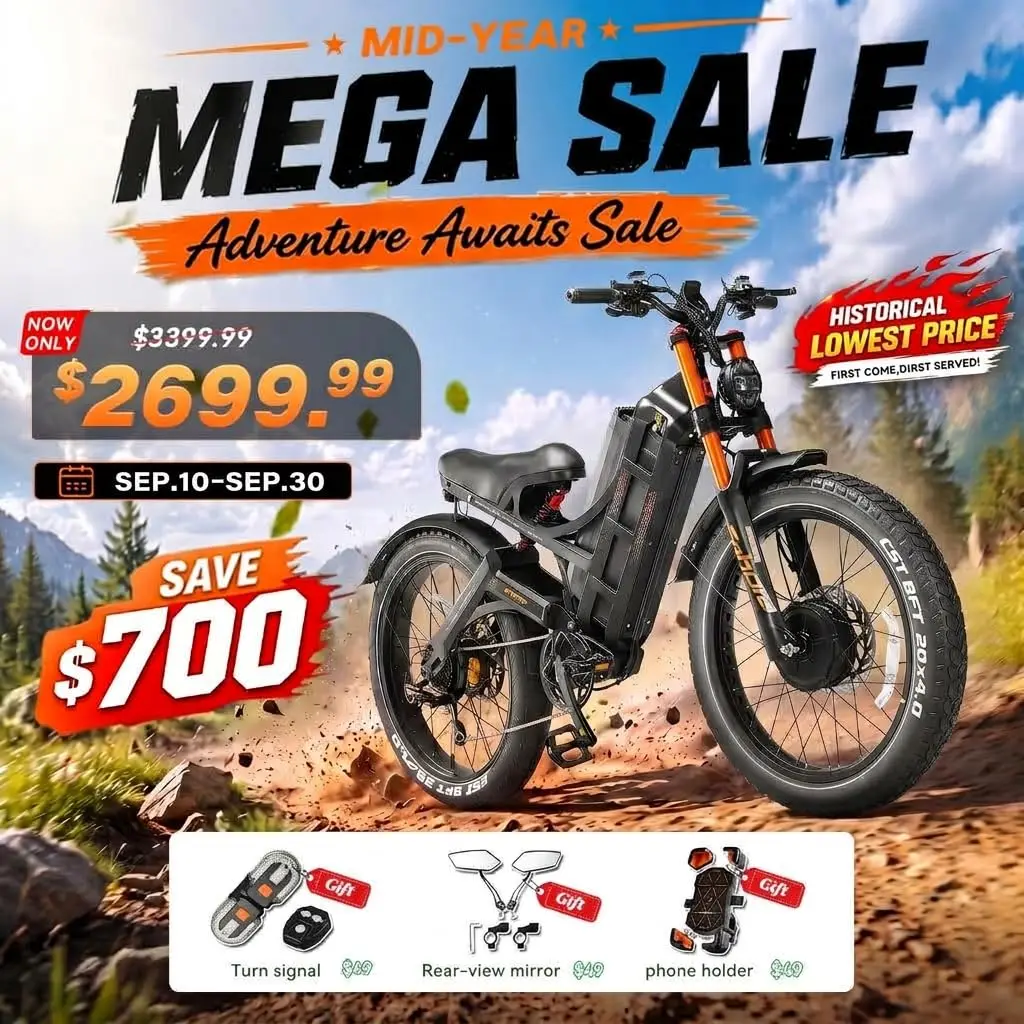 6000W Dual Motor Electric Mountain Bike 52MPH 300Miles Range 60V 80AH Fat Tire Full Suspension Off-Road 26