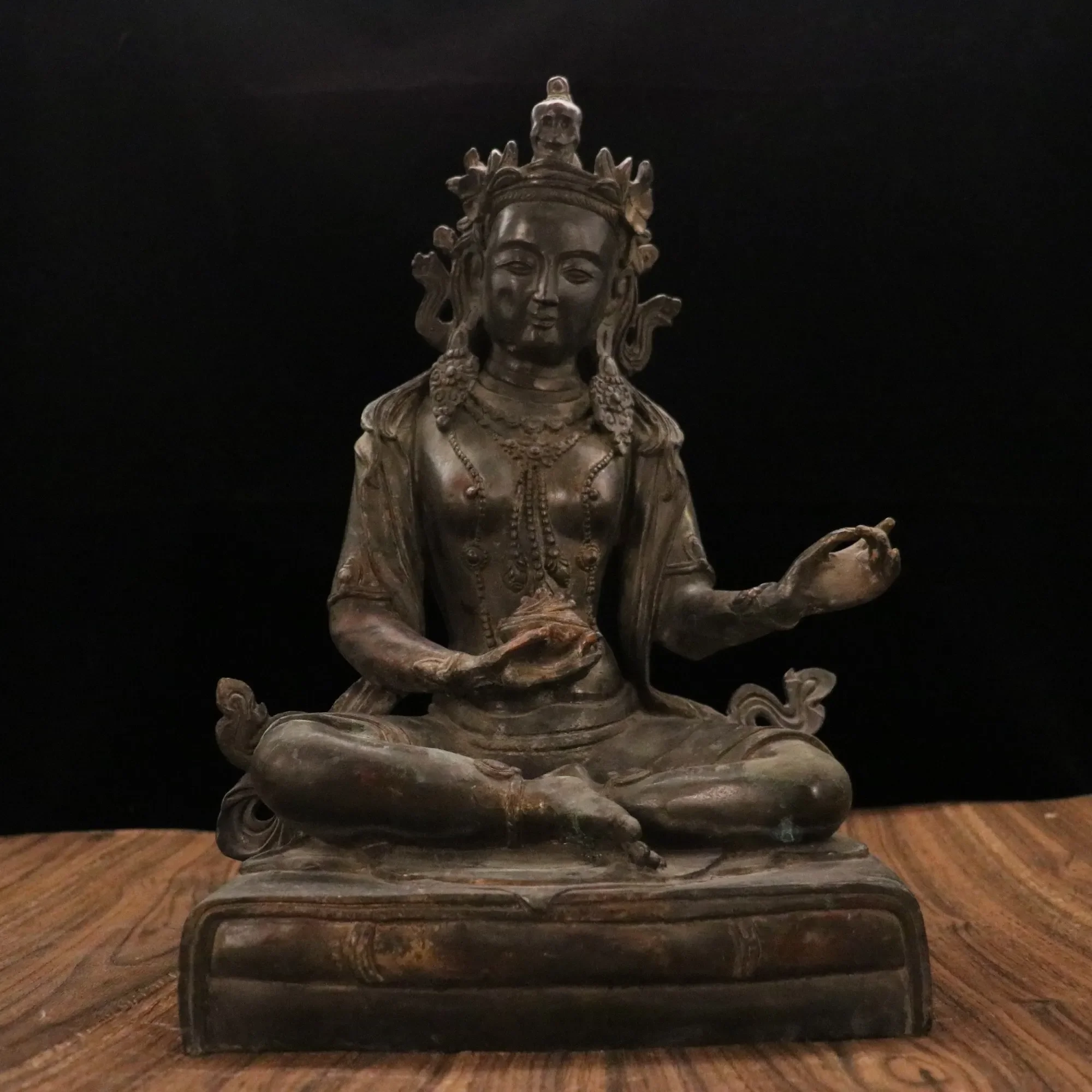 

15"Tibetan Temple Collection Old Bronze Patina Tibetan Buddha Tara Sitting Buddha Worship Hall Town house Exorcism