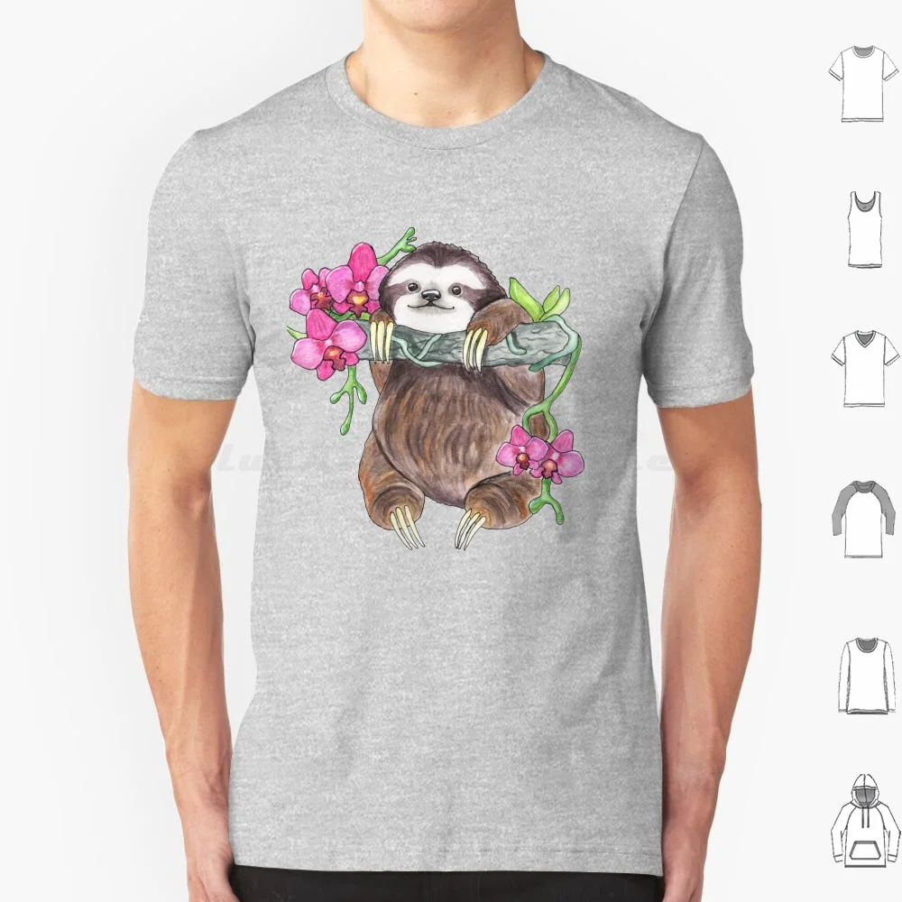 Happy Sloth With Orchids T Shirt 6xl Cotton Cool Tee Sloth Orchid Flower Happy Cute Animal Pink Brown Tree Wild Idea Birthday