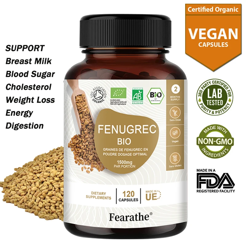 Organic Fenugreek Capsules with Vitamins & Calcium - 100% Vegan Fenugreek Powder Supplement for Women and Men