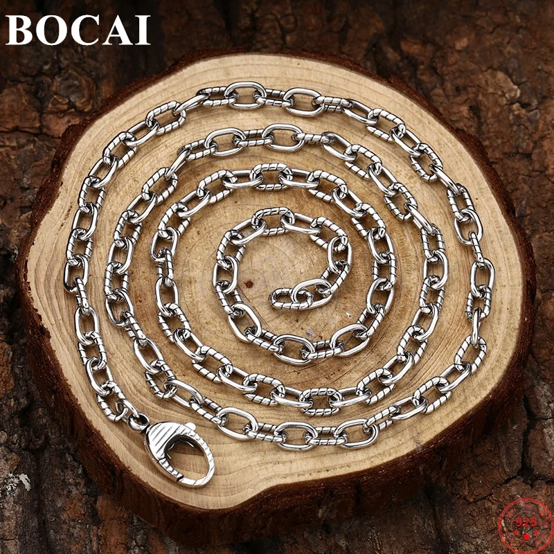 BOCAI S925 Sterling Silver Necklaces for Women Men New Fashion Ancient Stripe Pattern O-chain Punk Jewelry Free Shipping