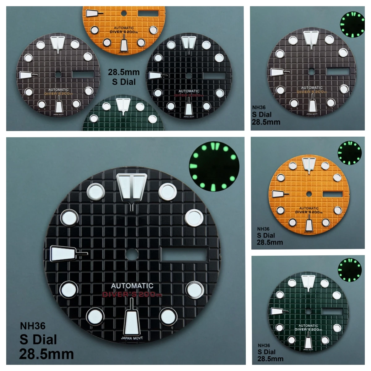 

28.5mm S Logo Waffle Dial Suitable For NH36/4R36 Movement Green Luminous Dual Calendar Watch Refit Accessories