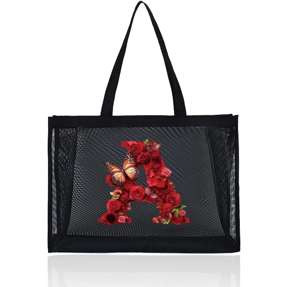 Mesh Shopping Bag Transparent Tote Bags Travel Storage Handbag Women Wallets Organizer Grid Package Red Rose Printing Series