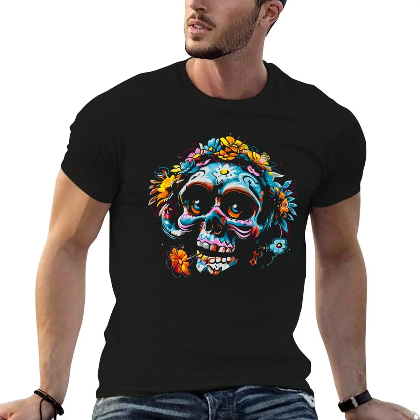 

Skull flowers calavera T-Shirt t shirts for man pack cotton t shirts for man cotton t shirts for man graphic funny T-Shirt
