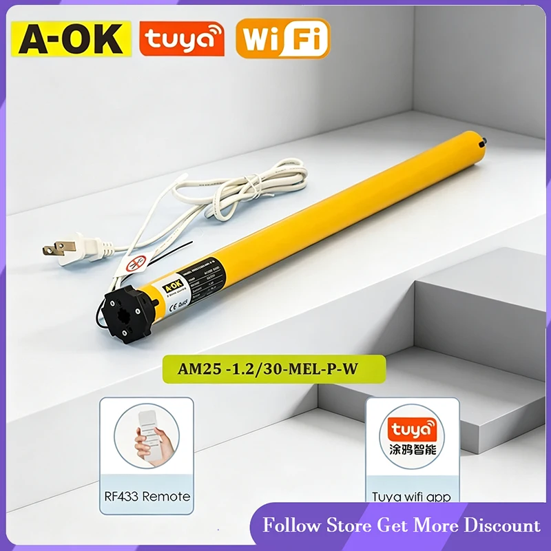 A-OK AM25 1.2/30 Rolling Tubular Motor with RF433 Remote Tuya Wifi Control for 38mm Tube Roman Curtain Sun Blinds AC100-240V