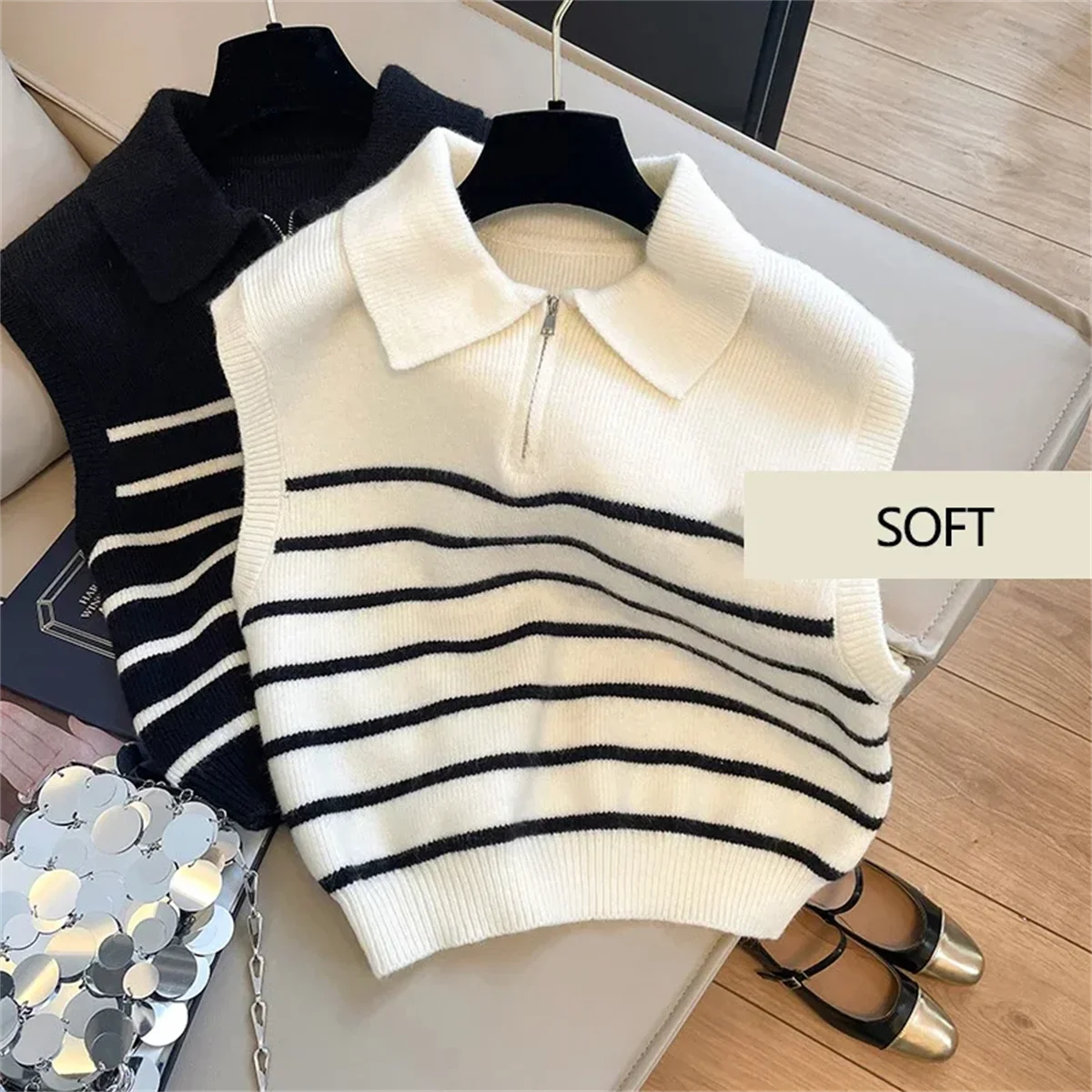 Vintage Lapel Stripe Knitted Vest Wear Outside In Autumn Winter Sleeveless Sweaters Women Elegant Vests Casual Simple Pullover