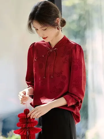 Chinese  National Heavy Embroidered Red Shirt  Women Autumn button-up Top Fashionable Blouse Red Long Sleeve Cheongsam Top