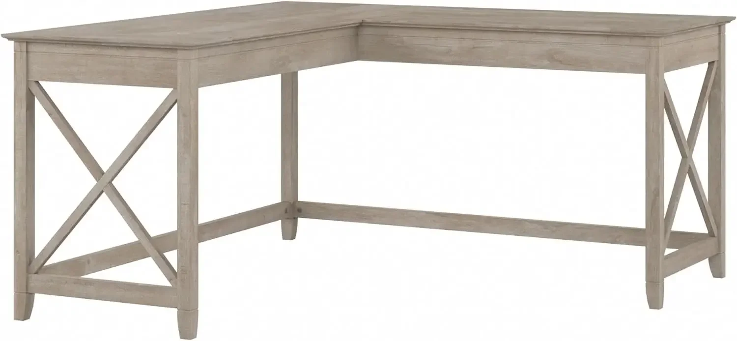 60W Modern Farmhouse L Shaped Desk in Washed Gray 60-Inch Corner Table for Home Office