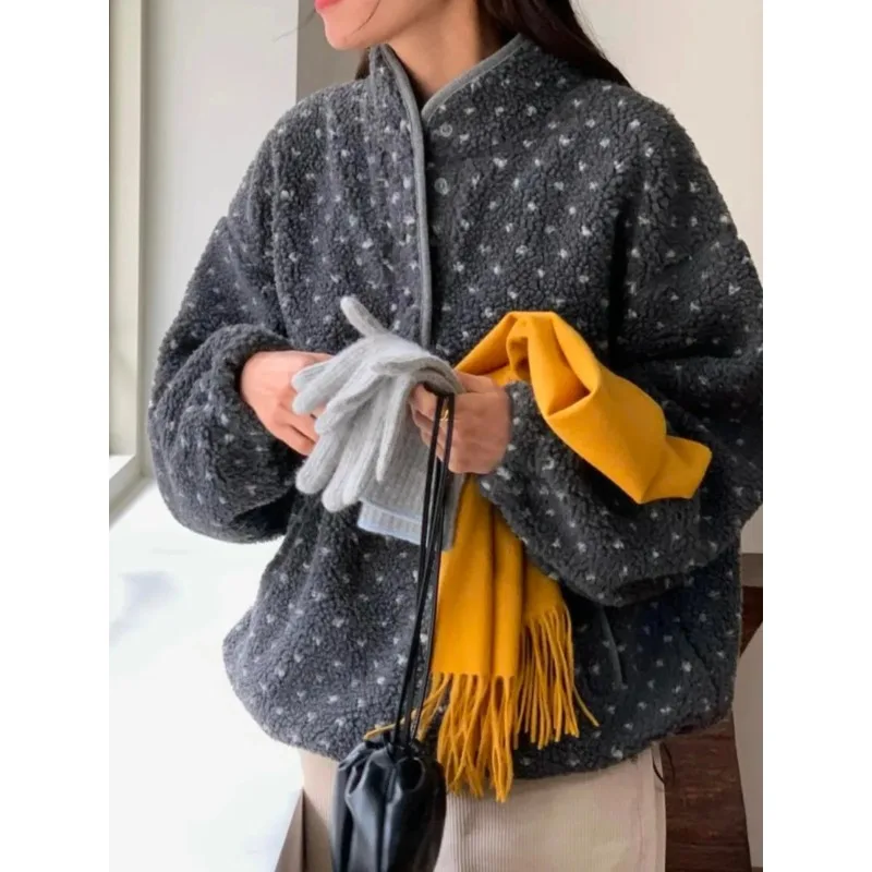 

Korean Sle Long Sve Hoodie Jaet Women's Casual Lamb Fur Heart Warm Loose Design Lazy Sle Top Faion Streetwear