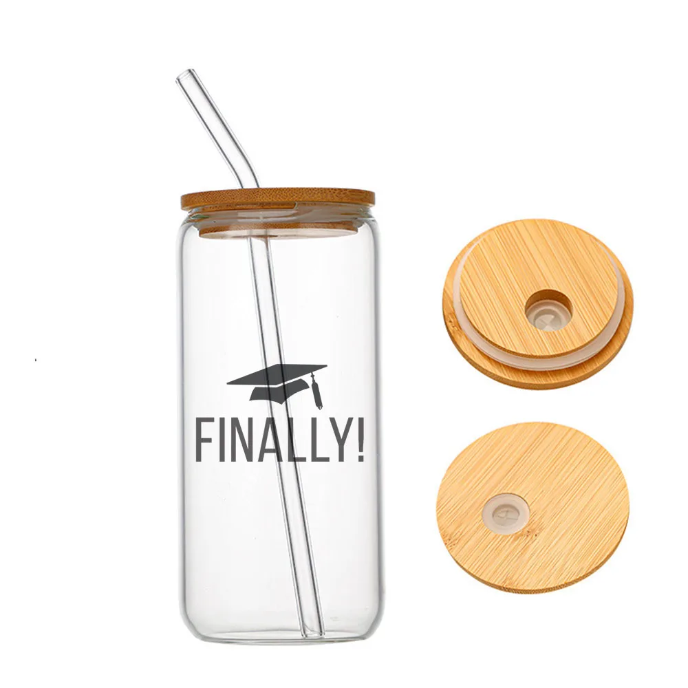 

Graduation Coffee Gift, Finally Glass For Heat Resistant High Drinking Cup With Straws Lids 16 oz